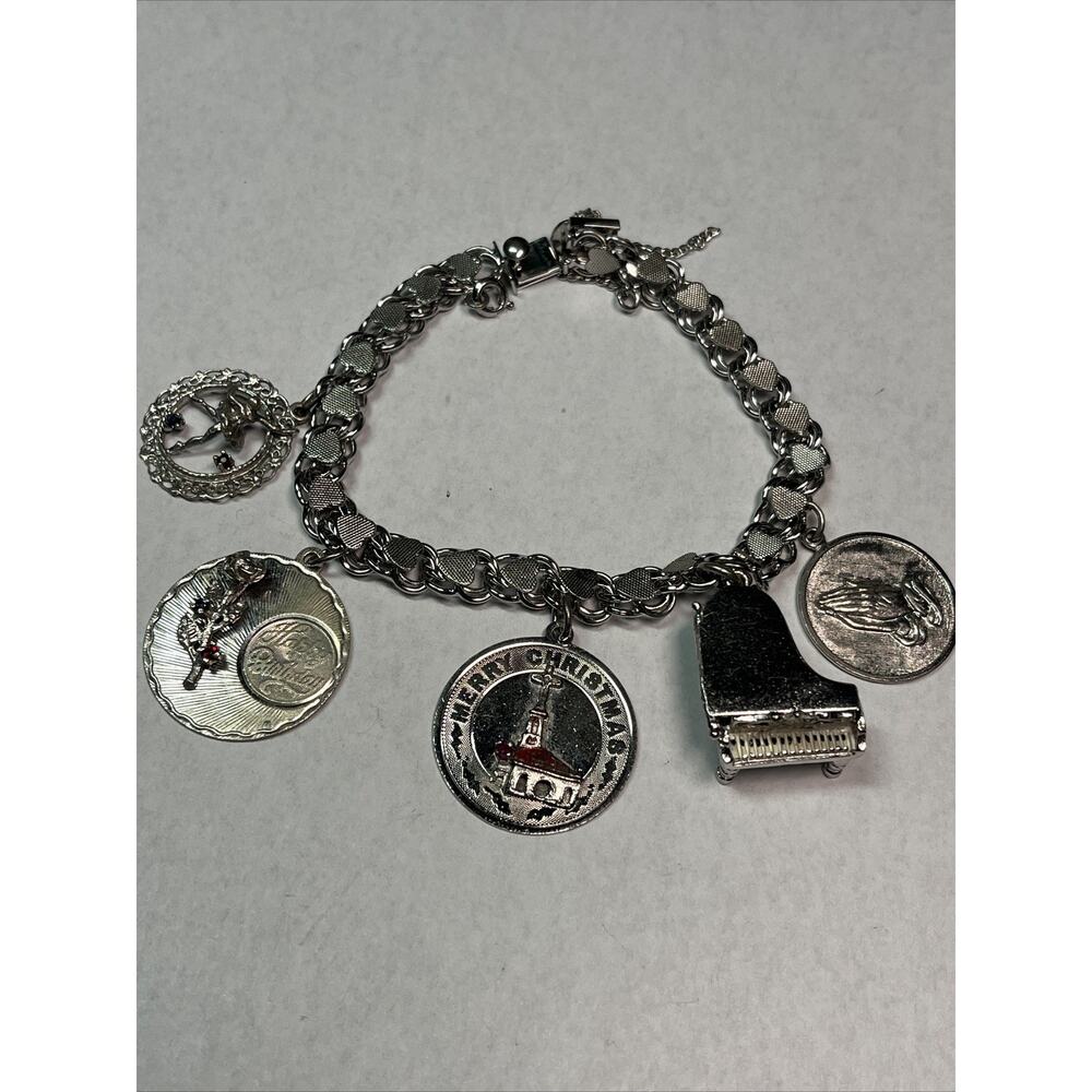 Vintage Rare Sterling Hearts Linked Chain Charm Bracelet Piano Prayer Ballerina
